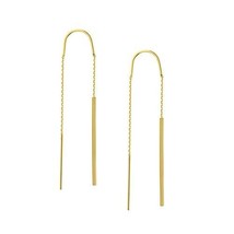 14K Solid Yellow Gold Stick Dangle Drop Chain Threader Earrings - £143.43 GBP