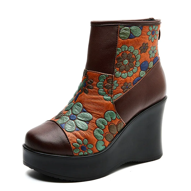 Retro High Wedges Ankle Boots Women Genuine Leather Printing Mixed Colors Warm P - £74.36 GBP