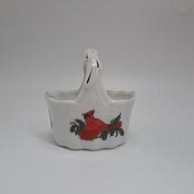 Lefton Christmas Basket Red Bird Holly Berries Tiny Trinket Candy Dish - £19.14 GBP