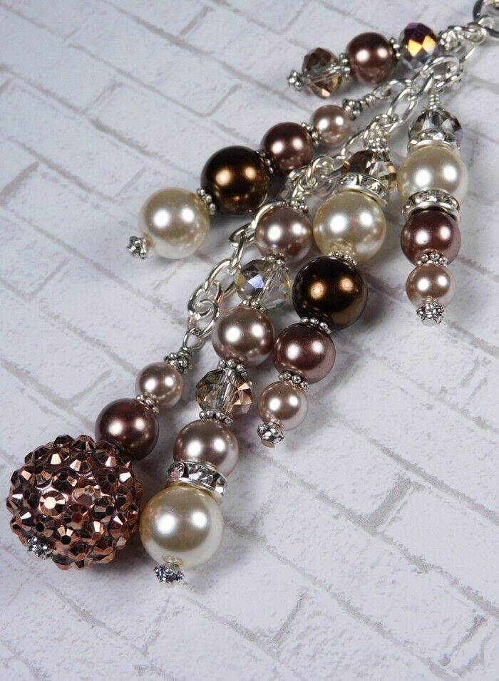 Cluster Chain Purse Charm Pearl Shell Crystal Ivory Brown Handmade New - $29.69