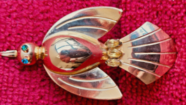 CORO BROOCH / PIN BLUE &amp; YELLOW DOVE VINTAGE 60&#39;S SIGNED STERLING GOLD - £137.98 GBP