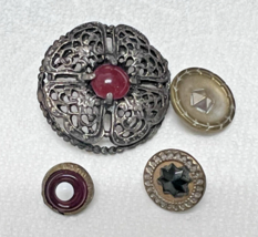 4 Antique Round Metal Dress Buttons w Glass Center Or Cut Steel 3/8 - 1 ... - $267.66 MXN