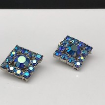 Blue AB Crystal Square Earrings, Vintage Art Deco Holiday Sparkle, Silver Tone - £28.12 GBP