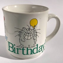 Sandra Boynton Coffee Mug Cup Happy Birthday cat balloons ceramic vintage 1980s - £10.01 GBP