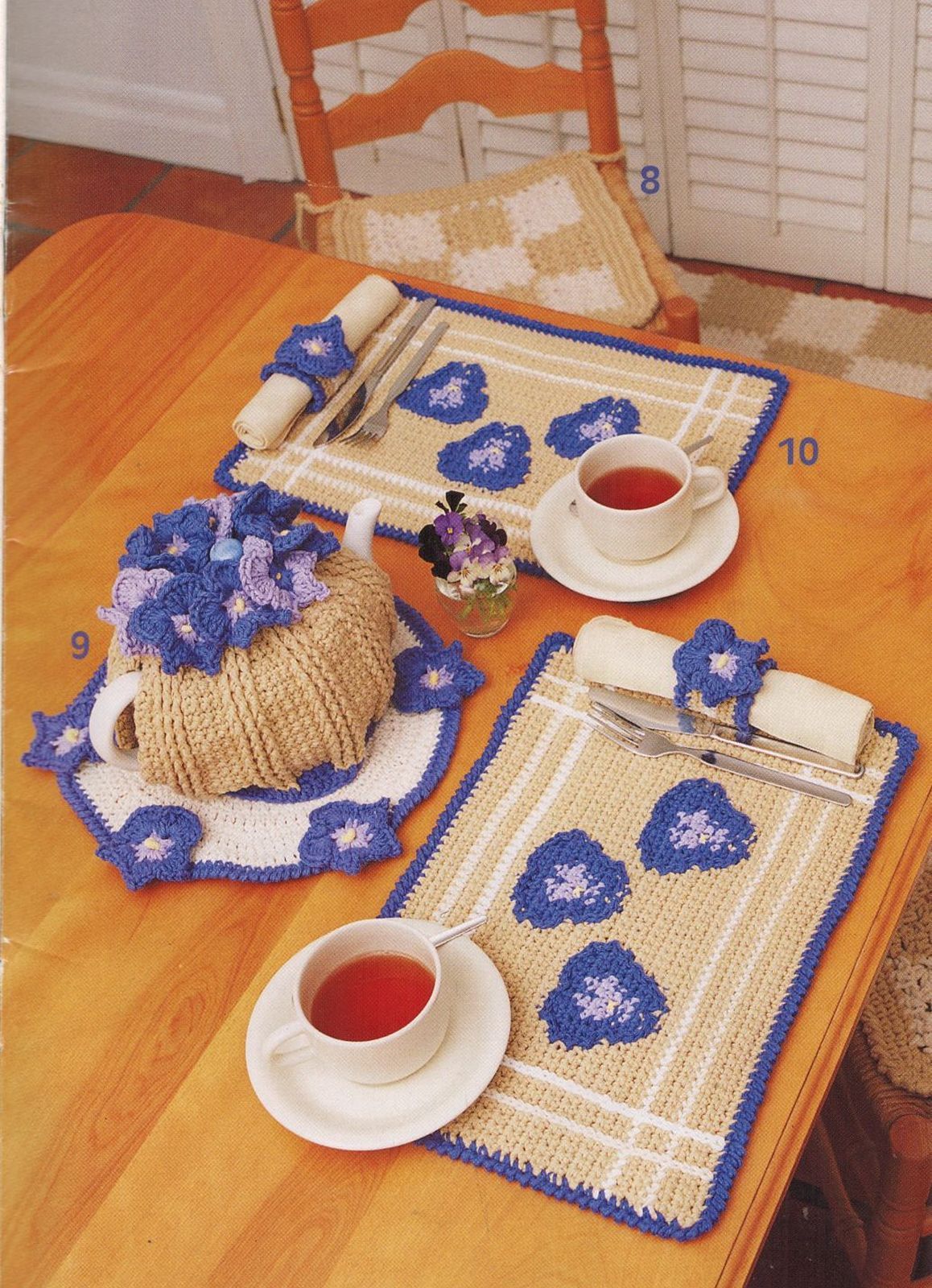 Primary image for 13 Crochet Pansy Apron Towel Pot Pie Plate Utensil Holder Place Mats Rug Pattern