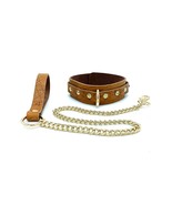 BDSM Limited Edition Brown Leather Collar &amp; Leash with Gold Hardware Set  - £75.06 GBP