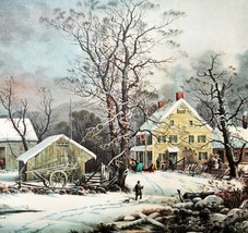 Winter In The Country Farm Currier &amp; Ives 1950s Lithograph A Cold Morning DWHH15 - £40.25 GBP