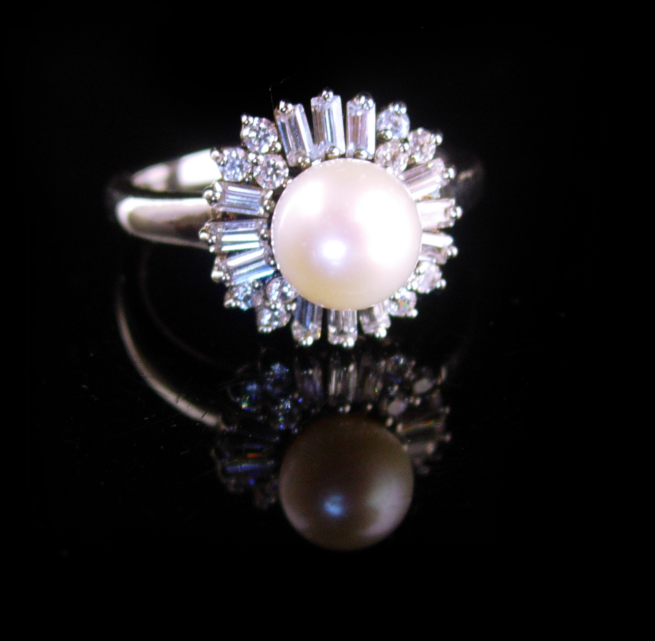 Primary image for Vintage genuine pearl cocktail ring / Sterling baguette bridal ring /  size 9 - 