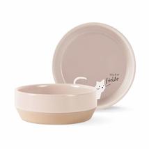 Two Tone Stoneware Ceramic Cat Pet Bowl with White Cat Decal - £14.73 GBP