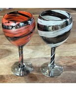Hand Blown Wine Glass Swirl White &amp; Orange Spiral 7.5&quot; Tall Art Glass Se... - $44.28 CAD