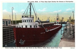 Ship on St. Mary&#39;s River of Sault Sainte Marie, Michigan Postcard - £7.75 GBP