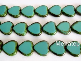 10  15 x 15 mm Czech Glass Window Heart Beads: Opaque Turquoise - Picasso - £4.42 GBP