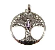 Solid 925 Sterling Silver Wondrous Tree of Life Pendant With Faceted Gemstone - £80.17 GBP