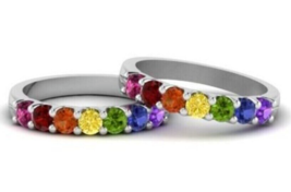 925 Silver 0.70Ct Lab-Created Sapphire Rainbow Half Eternity Stackable Band Ring - £42.65 GBP