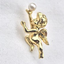 Angel Holding Pearl Pin Brooch Small Vintage Christian Gold Tone - £8.02 GBP