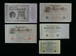 1910-1923 Allemagne 5-Notes Kit Empire 1000 Marques &amp; Weimar 500-10 Million - £45.35 GBP