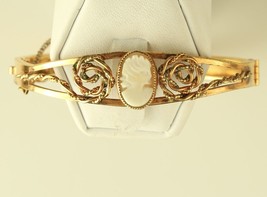 Vintage 12K Gold Filled Shell Cameo Hinged Bracelet Russel Signed - £114.74 GBP