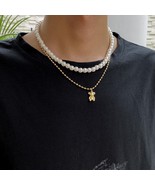 Teddy Bear Pendant Punk for men 2 pieces Hip hop Double Layered Pearl ne... - $13.35