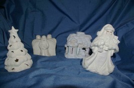 Lot of 4 Bisque Candleholders and figurines Christmas Angel Santa House Tree - £11.99 GBP