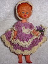 Vintage Plastic Doll With Open &amp; Closing Eyes In Homemade Crochet Dress - £5.60 GBP