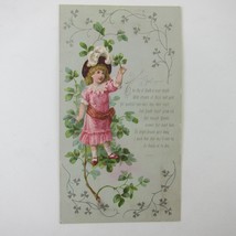 Victorian Greeting Card Four Leaf Clover Girl Pink Dress Feather Hat Antique - £4.78 GBP