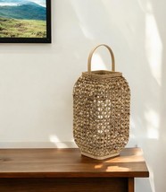 16&quot; Natural Distressed Woven Glass And Wicker Floor Lantern Candle Holder - $199.29