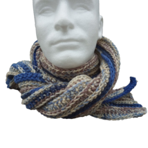 Men&#39;s Hipster Scarf Handmade Crochet Rib Blue Camo Striped Beige Outdoors Winter - £32.88 GBP