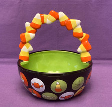 Kohl&#39;s ceramic Happy Halloween candy dish basket shaped bowl 6.25&quot; colorful - £9.63 GBP