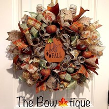 Autumn Hello Fall Ribbon Door Wreath Wooden Pumpkin Handmade 22 inches LED #W7 - £59.94 GBP