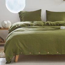 Olive Green Cotton Duvet Cover Green Cotton Bedding Set Queen with Butto... - £27.34 GBP+