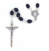 Black Wood Oval Beads Rosary Crucifix Cross And Miraculous Center - £32.23 GBP
