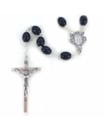 BLACK WOOD OVAL BEADS ROSARY CRUCIFIX CROSS AND MIRACULOUS CENTER - £31.87 GBP