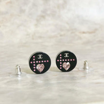 Chanel Earrings round black pink Heart Rhinestone CC Logo 112 - £240.96 GBP