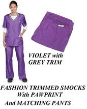 Purple Contrast Trim Smock Pants Groomer Grooming Hair,Water&amp;Stain Resistant Top - £27.40 GBP+