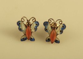 Vtg Sterling Detailed Colored Cloisonne Enamel Butterfly Carnelian Stud Earrings - £43.65 GBP