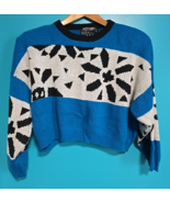 Vtg Kitty Hawk Medium Crop Top Knit Sweater Shoulder Pads Geometric Teal... - $32.62