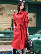 Genuine Soft Lambskin Leather Stylish Red Long Halloween Women&#39;s Trench Coat - £121.40 GBP