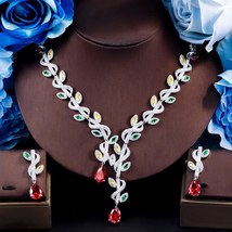 Luxury Multicolor Cubic Zirconia Long Leaf Drop Earrings Necklace Bridal Wedding - £51.59 GBP