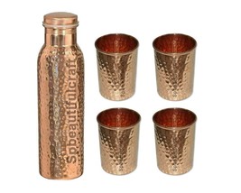 Copper Water Bottle Handmade Joint Free With 4 Tumbler Glass For Health Benefits - £36.42 GBP