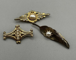 Pins Set of 3 Leaf Pearl Sunburst Geometric Shape Rhinestones Victorian Style - £6.15 GBP