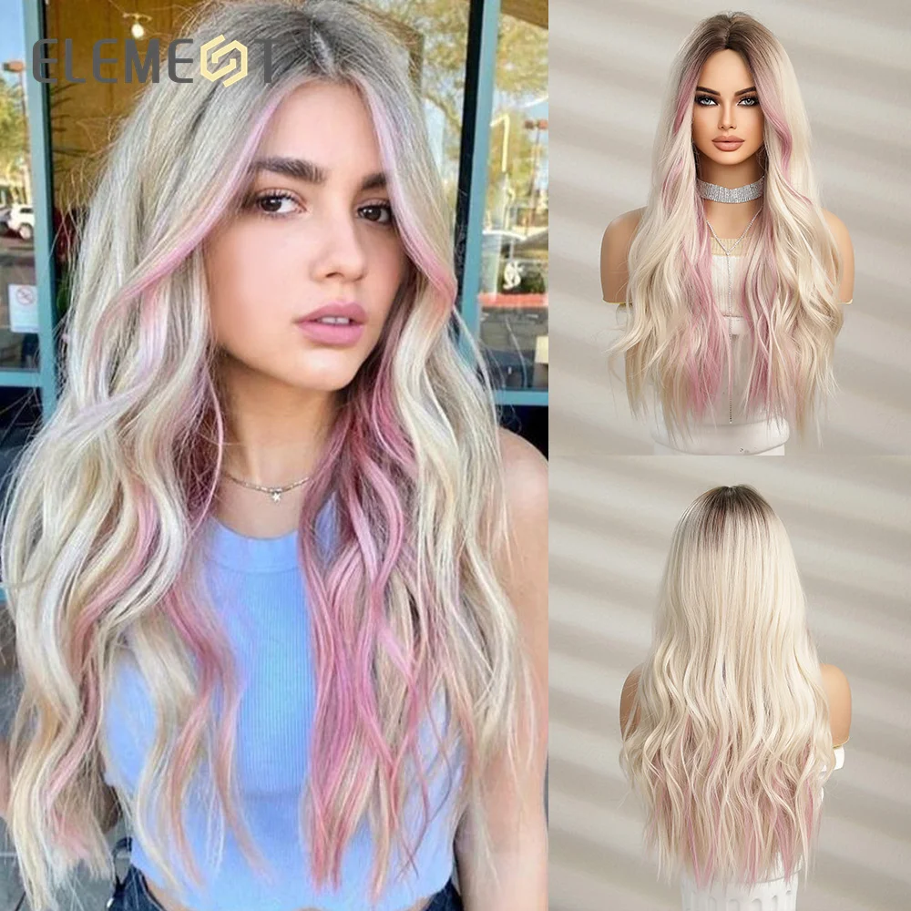 ELEMENT Youthful Synthetic Wig Long Wavy Curly Ombre Blonde Mixed Pink Wigs for - £21.97 GBP