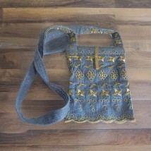 Small Mini Embroidered Denim Jean Purse Bag with Long Strap Blue Gold - £8.07 GBP