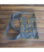 Small Mini Embroidered Denim Jean Purse Bag with Long Strap Blue Gold - £8.10 GBP