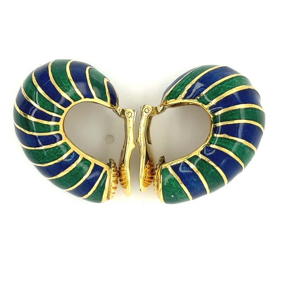 David Webb 18k Yellow Gold Blue and Green Enamel Huggie Earrings Gorgeous! Item image 5