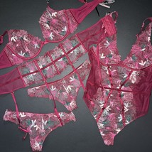 Victoria&#39;s Secret Unlined 36D,38DD Bra Set+Garter+M Teddy Pink Kir Embroidered - £158.26 GBP