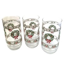 Christmas Glass Set Holly Wreath &amp; Berry Pattern 12 oz Tumblers Vintage ... - £18.68 GBP
