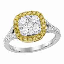 18kt White Gold Womens Round Yellow Diamond Square Cluster Ring 1-1/3 Cttw - £2,348.48 GBP