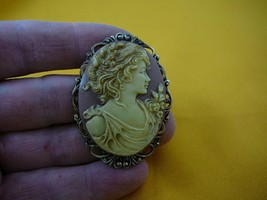 (CL14-11) NOBLE Lady with flowers mauve white CAMEO Pin Pendant brooch necklace - $34.58