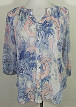 AB Studio Womens Top Small Button Down Paisley Multicolor Sheer V Neck C... - £7.71 GBP