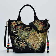 Shiny SequPeacock Embroidered Women Canvas Totes Bag, Summer Shopping Shoulder B - £23.46 GBP